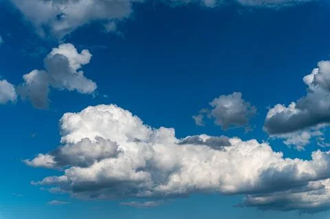 Cumulus clouds in the shape of animals in a blue sky. Stock Photos