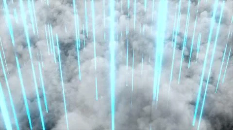 Cumulus dense clouds and neon direct rays, computer generated. View from above Illustrazione stock