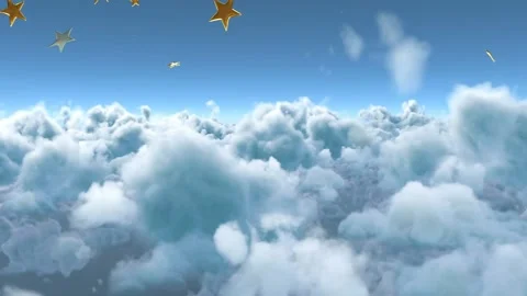 Cumulus dome moving forward as golden stars falling, tumbling and camera Stock Footage 329946250