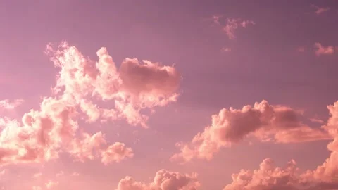 Cumulus Puff Clouds Float Transform in Pink Sunny Sky at Sunrise Time Lapse. Col Stock Footage 202067172