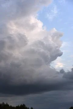 Cumulus rain clouds in the evening sky. Thunderclouds over the forest. Stock Photos