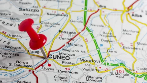 Cuneo pinned on a map of Italy Stock Footage 177361255