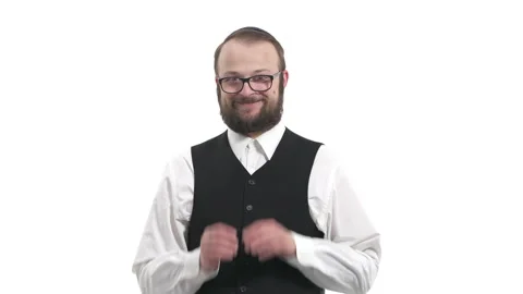 Cunning man demonstrating rubbing palms gesture. Isolated, on white background Stock Footage 130185825