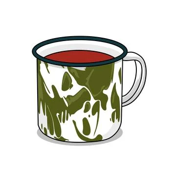 A cup with a abstract pattern green and white paint on it. Hot Tea drink on enam Stock Illustration