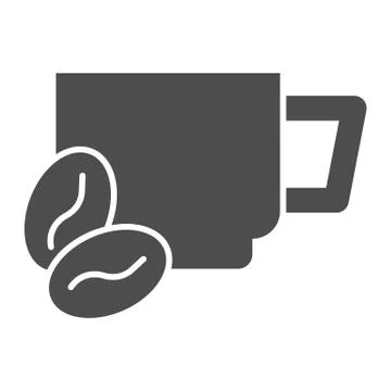Cup and cocoa beans solid icon. Mug of hot drink with coffee grains symbol Stock Illustration