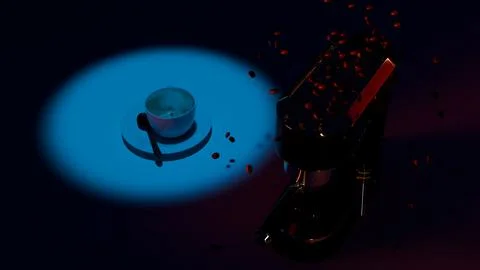 Cup and espresso machine with floating beans under spotlight, studio still Foto stock