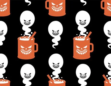 Cup and ghost Pattern seamless. Steam from mug is like phantom Background. ha Ilustración de archivo