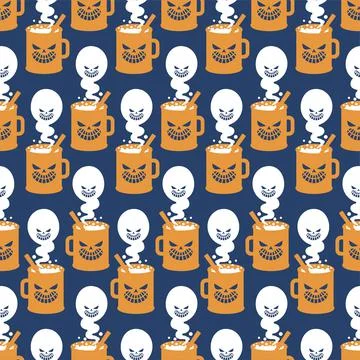 Cup and ghost Pattern seamless. Steam from mug is like phantom Background. ha Ilustración de archivo