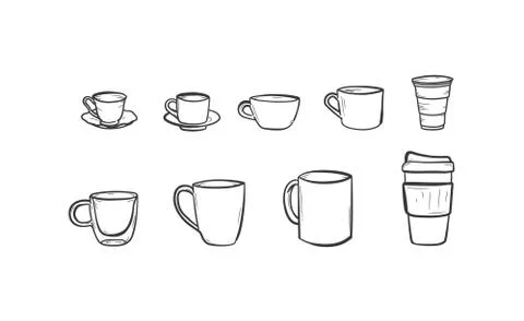 Cup and mug set. Isolated vector illustration. Line drawing. Hot drinks. Stock Illustration