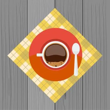 Cup and sauser with coffee, bubbles spoon from top view Stock Illustration