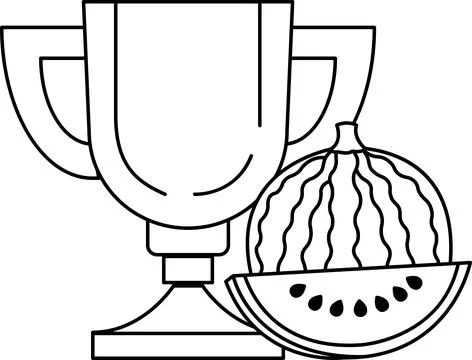 A cup and a watermelon slice are shown in a black and white drawing Illustration