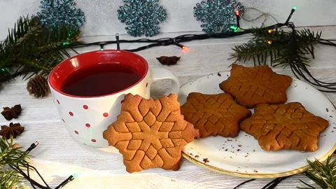 A cup of aromatic tea on christmas holiday Stock Footage 145643707