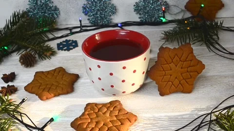 A cup of aromatic tea on christmas holiday Stock Footage 145643838
