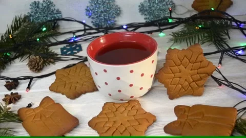 A cup of aromatic tea on christmas holiday Stock Footage 145643943