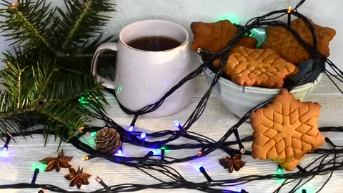 A cup of aromatic tea on christmas holiday Stock Footage 145644265