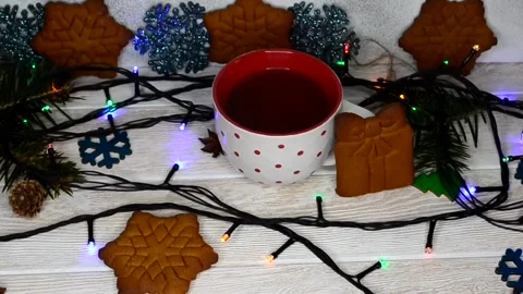 A cup of aromatic tea on christmas holiday Stock Footage 145644296