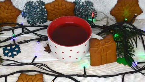 A cup of aromatic tea on christmas holiday Stock Footage 145644403