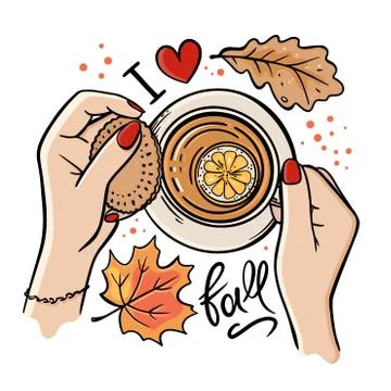 CUP OF AUTUMN TEA Fall Hand Drawn Vector Illustration Set Stock Illustration