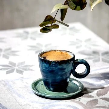 Cup of black coffee on ceramic table. Sun light, shadows Stock Photos