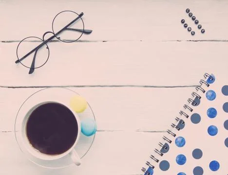 A cup of black coffee, glasses, a notebook and the inscription "Coffee time" Stock Photos