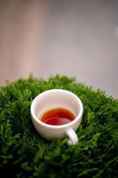 Cup of black filter coffee on the grass nature street cafe pour over alternat Stock Photos