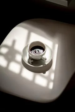 Cup of black filter coffee on the table in coffee house cafe coffeebreak sunl Stock-Fotos