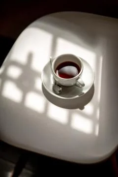 Cup of black filter coffee on the table in coffee house cafe coffeebreak sunl Stock-Fotos