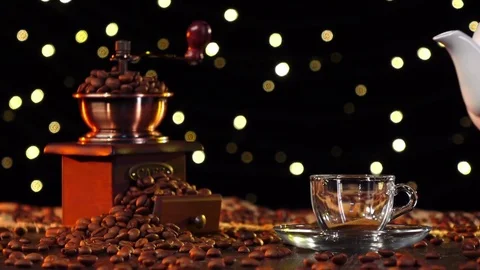 Cup of black soluble coffee. Side view in slow motion Stock Footage