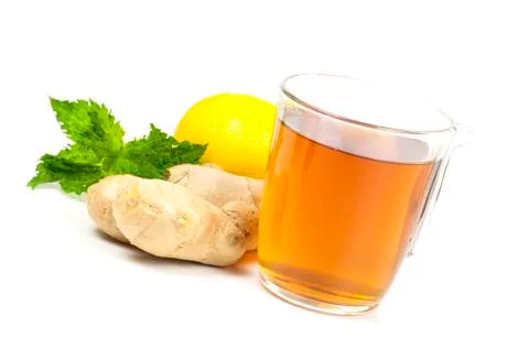 Cup of black tea with ginger, lemon and mint Stock Photos