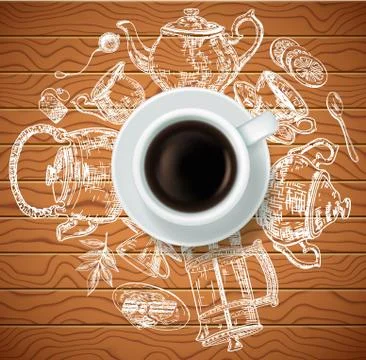 Cup of black tea with tea items vector creative illustration Stock Illustration