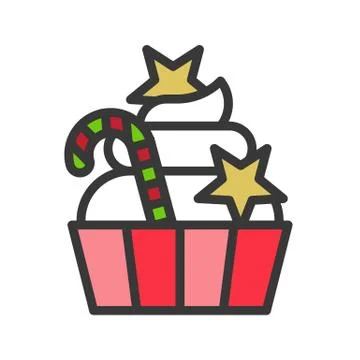 Cup cake and candy cane, xmas food icon. editable stroke Stock Illustration