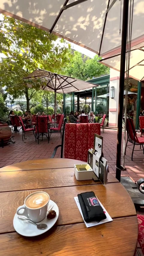 A cup of cappuccino coffee is on the table in a cafe with an open veranda Stock Footage 252770245