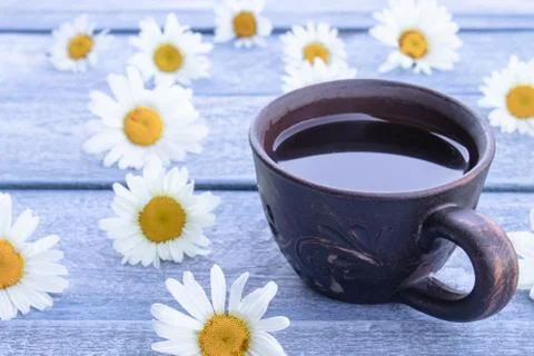 A cup of chamomile tea and chamomile flowers on wooden blue background. Stock Photos