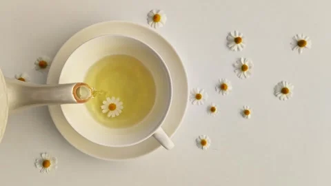 A cup of chamomile tea on a white background with flower buds inside. Lifestyle  Vidéo 241223370