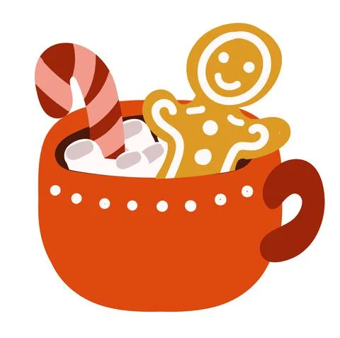 Cup of christmas drink with marshmallow, candy, gingerbread man Stock Illustration
