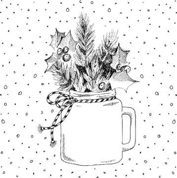 Cup with Christmas plants. Vector hand-drawn illustration. Christmas concept. Stock Illustration