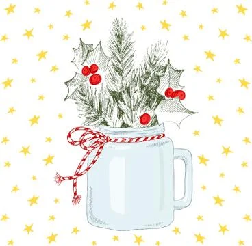 Cup with Christmas plants. Vector hand-drawn illustration. Christmas concept. Stock Illustration