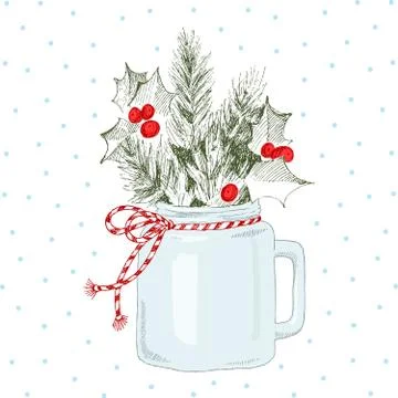 Cup with Christmas plants. Vector hand-drawn illustration. Christmas concept. Stock Illustration