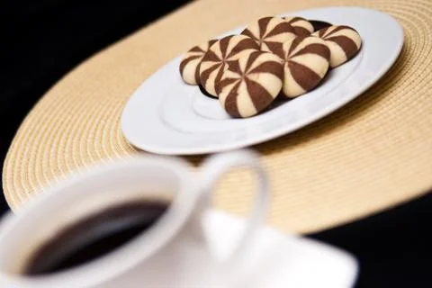 Cup of coffe and stack of cookies Stock Photos