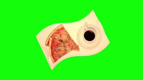 Cup of coffee, 2 slices of pizza on tray, top shot Stock Footage 46503796