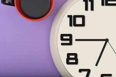 Cup of Coffee &amp;amp; Clock closeup with copyspace Stock Photos