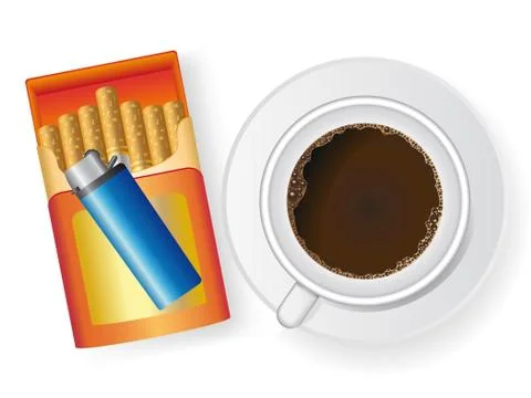 Cup of coffee and cigarette in box with a cigarette-lighter Stock Illustration