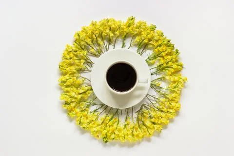 Cup of coffee and circular frame yellow wild flowers Linaria on gray backgrou Stock Photos