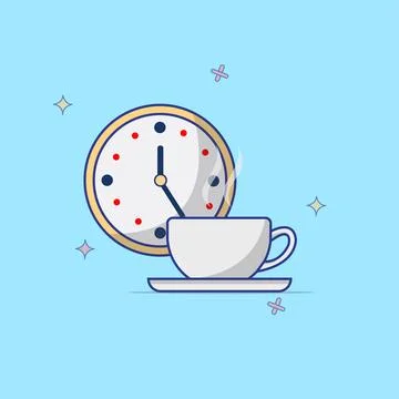 Cup of Coffee and Clock Vector Illustration Creative Concept. Illustrazione stock