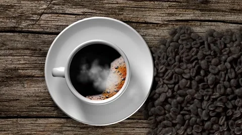 Cup of coffee and coffee beans on an old wooden table. 3D Rendering Stock Footage 64884874