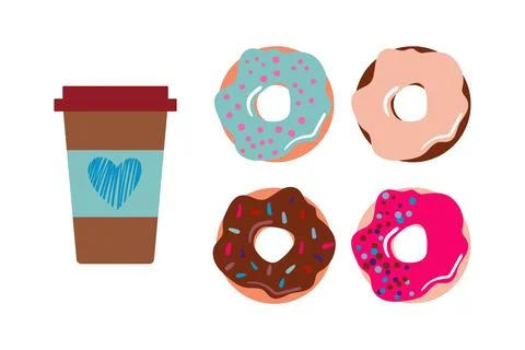 A cup of coffee and delicious glazed donuts Stock Illustration