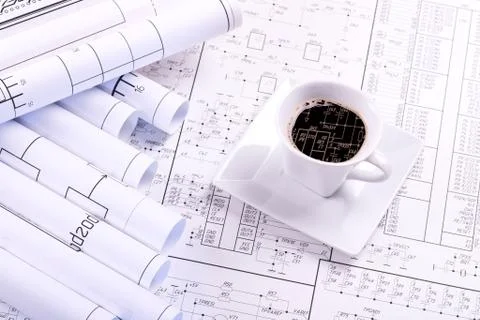 Cup of coffee and drawing Stock Photos