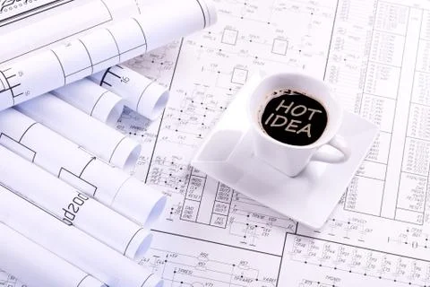 Cup of coffee and drawing Stock Photos