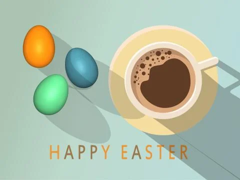 Cup of coffee and easter eggs on a pale blue background Stock Illustration