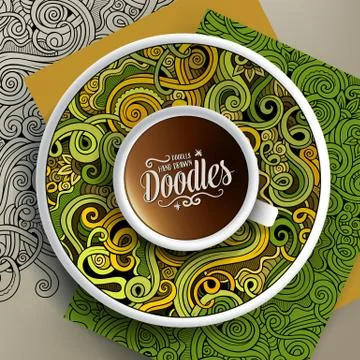 Cup of coffee and hand drawn curls nature doodles Stock Illustration